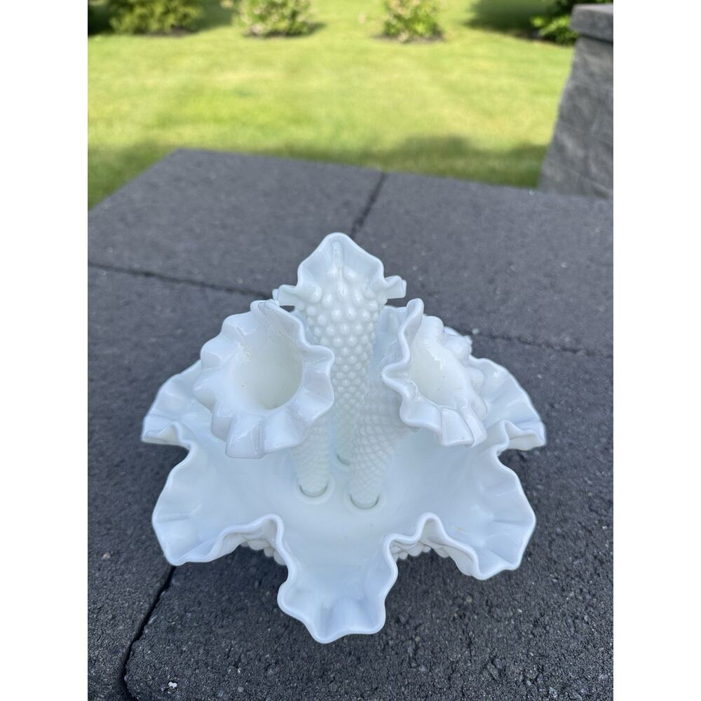 Vintage Fenton Hobnail Milk Glass Epergne Ruffled Bowl 3 Horned Vase - Picture 3 of 6